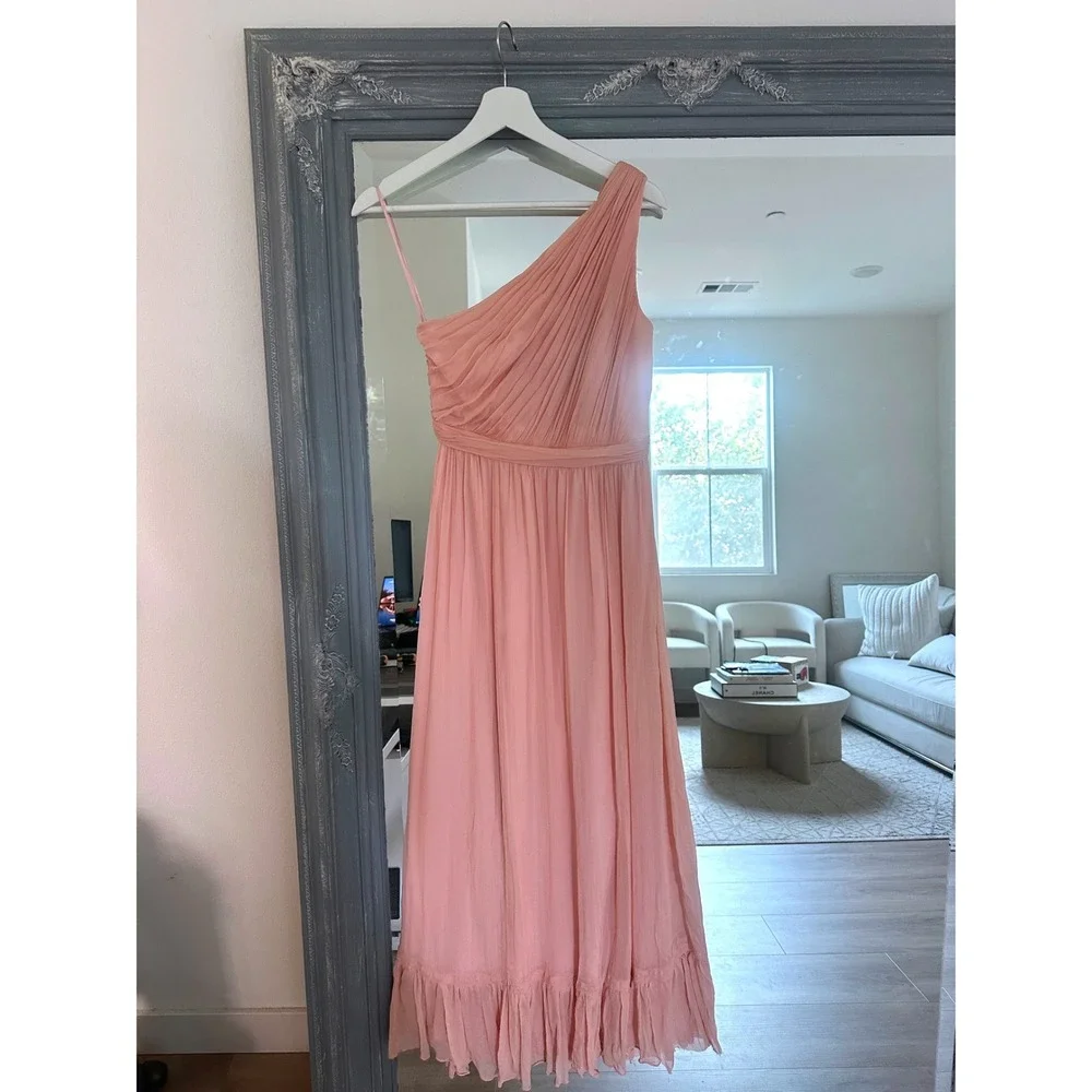 J.Crew Pink One Shoulder Crinkle Silk Chiffon Ruffle Hem Bridesmaid Midi Dress 4